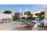 Luxurious townhouse on golf course with spacious garden, terraces and communal pool amidst greenery